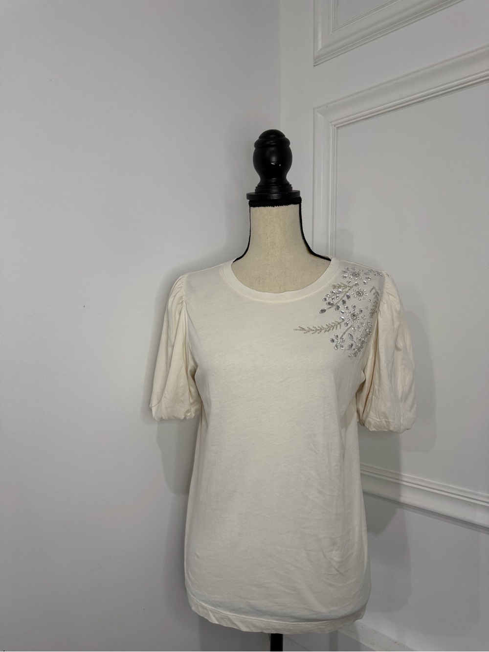 LOFT Cream Puff-Sleeve Tee with Beaded Shoulder Detail